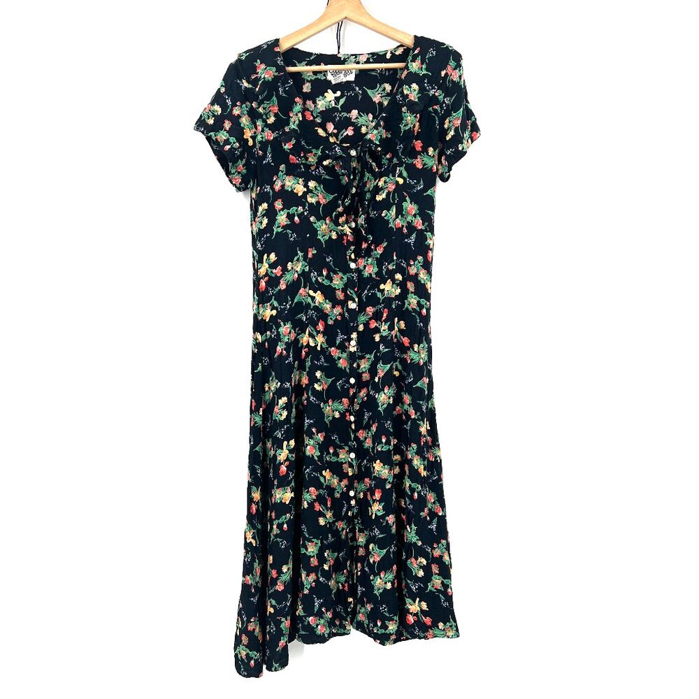 Vintage 90s y2k dark grunge button front dress fit & flare ruffle midi floral M